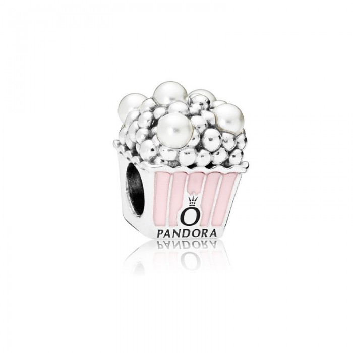 Pandora Charm Delicious Popcorn Pale Pink Enamel White Crystal Pearls
