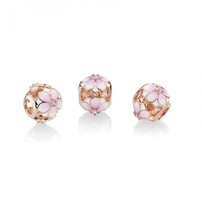 Pandora Charm Magnolia Bloom Rose Blush Pink Crystal and Mixed Enamel