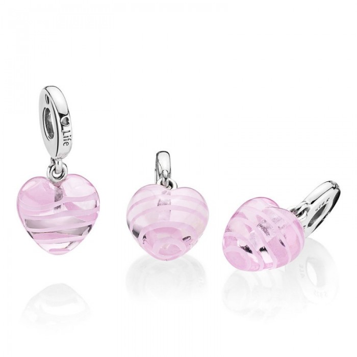 Pandora Charm Pink Ribbon Heart Dangle Murano Glass